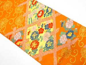 アンティーク　変わり菱に菊・牡丹・水仙模様織り出し本袋帯（着用可）